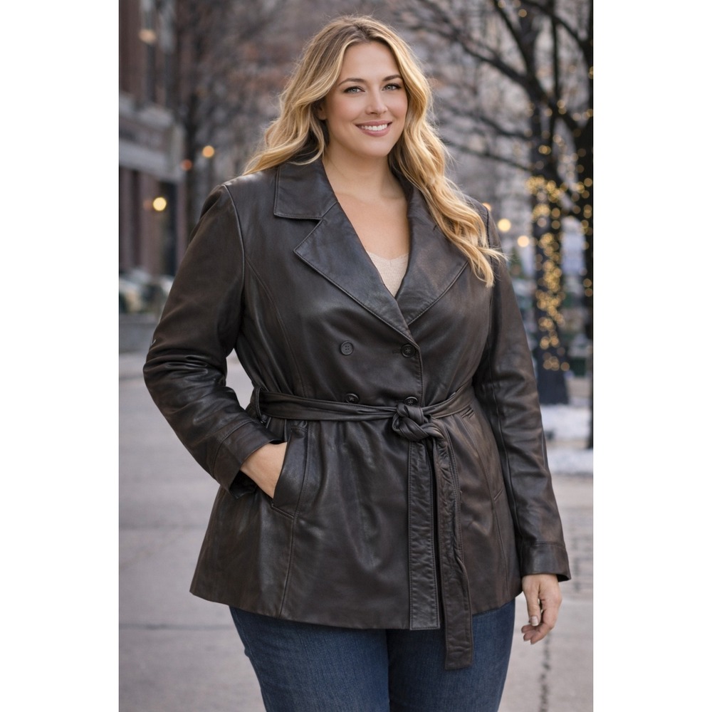 Black Leather Belted Jacket Removable Liner Y2K Retro Tailored Peplum Style, 2XL